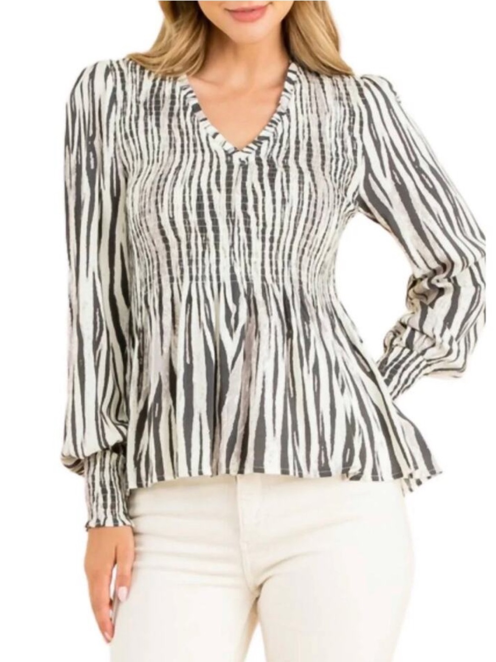 THML Black and White Zebra Print Smocked V-Neck Peplum Blouse, Boho Style, Sz XS